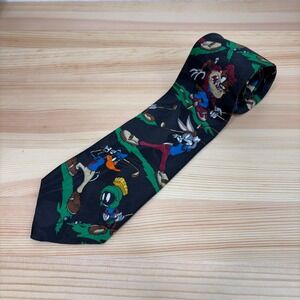 VTG 95 Looney Tunes Mania Golf Tie Men Black Bugs Bunny Marvin Martian Taz Daffy